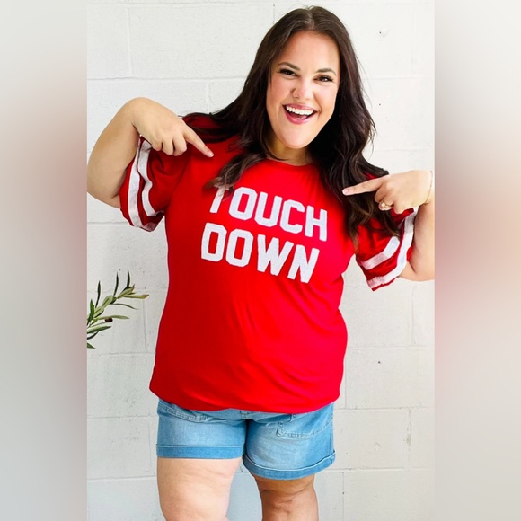 Stand Out Red "TOUCHDOWN" Sequin Bubble Sleeve Game Day Top - Picture 8 of 10